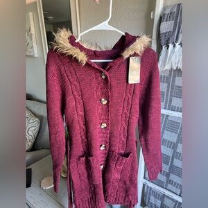Cozy Burgundy Hooded Cardigan with Faux Fur Trim XL Junior